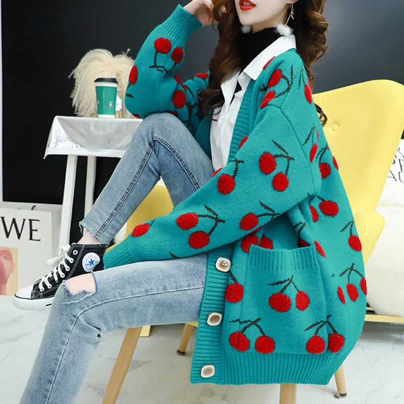 lovwvol Fruit Printting Knitted Women Sweater Cardigans Single Breasted Long Sleeve Cardigans Korean Style Loose Sweater Tops