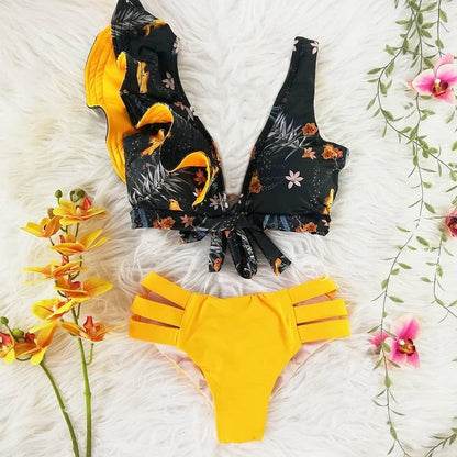 New Bikini Floral Ruffled Bikini Set Women V-neck High Waist Two Piece Swimsuit Girl Beach Bathing Suit Swimwear Biquinis