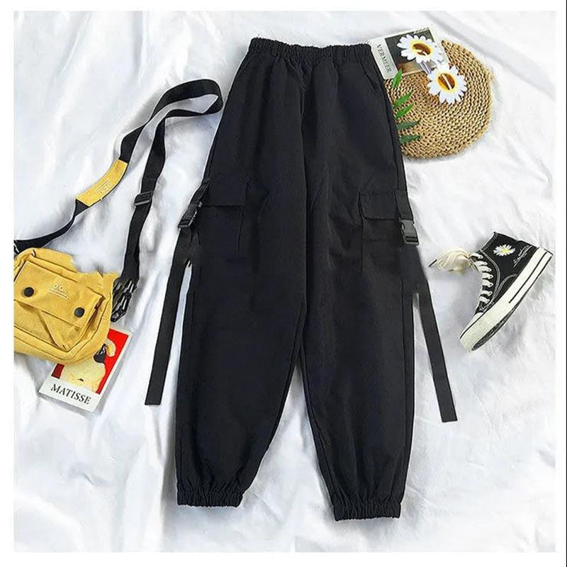 lovwvol 2023 Spring Streetwear Pants High-Waist Straight Ribbon Cargo Pants Student Loose Short-Sleeved Shirt with Tie two-piece Set