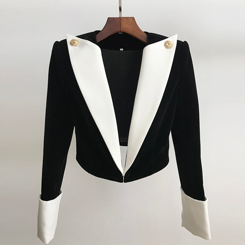 Newest Stylish Designer Jacket For Ladies Lion Buttons Color Block Patchwork Velvet Short Blazer