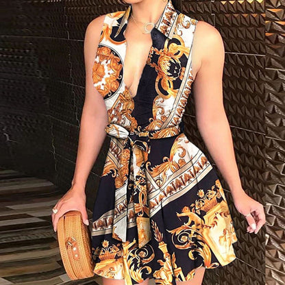 lovwvol Sexy Women Deep V-neck Shirt Dress Summer Sleeveless Chain Print Mid-calf Dresses Laides Lace Up Party Dresses Clubwear