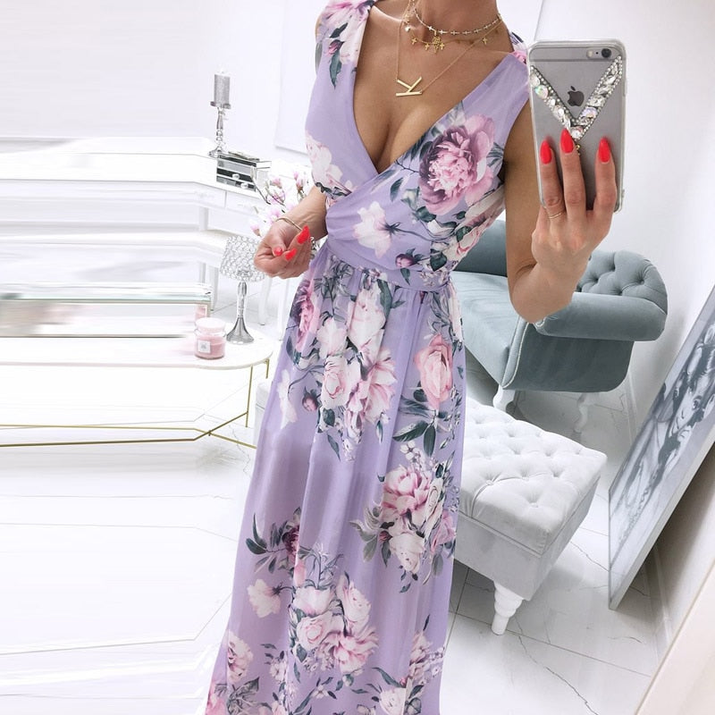 Summer Deep V-Neck Sleeveless Beach Dress Elegant Women Chiffon Split Maxi Party Dress Vintage Floral Print Long Dresses Vestido