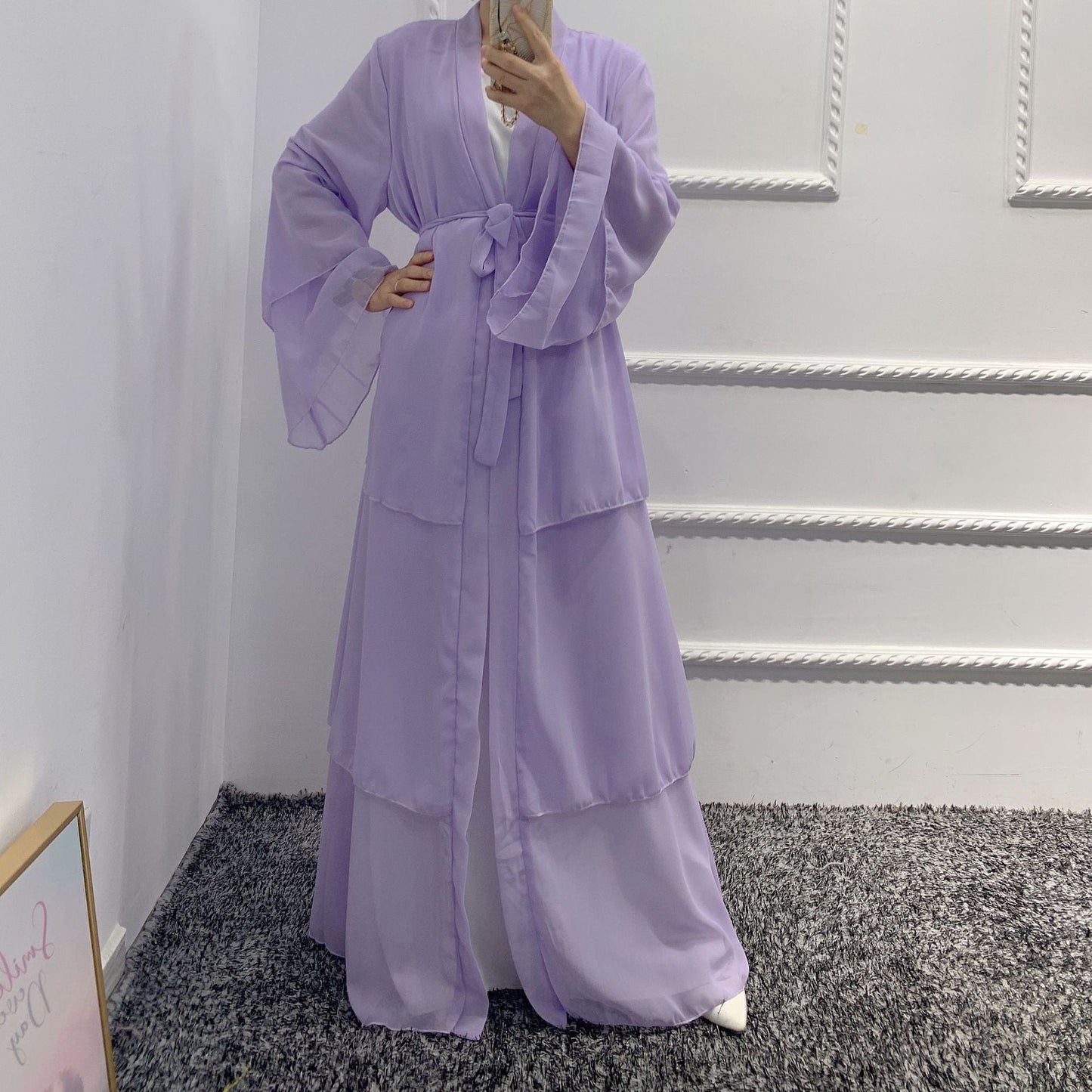 Ramadan Eid Djellaba Abaya Dubai Three-layer Soft Chiffon Muslim Dress Abaya Dubai Turkey Muslim Islam Abayas With Belt WY660