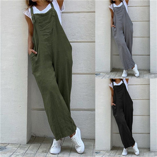 Women Suspender Rompers Overalls Vintage Jumpsuits Playsuits Long Pockets Wide Leg Pants Combinaison Oversize