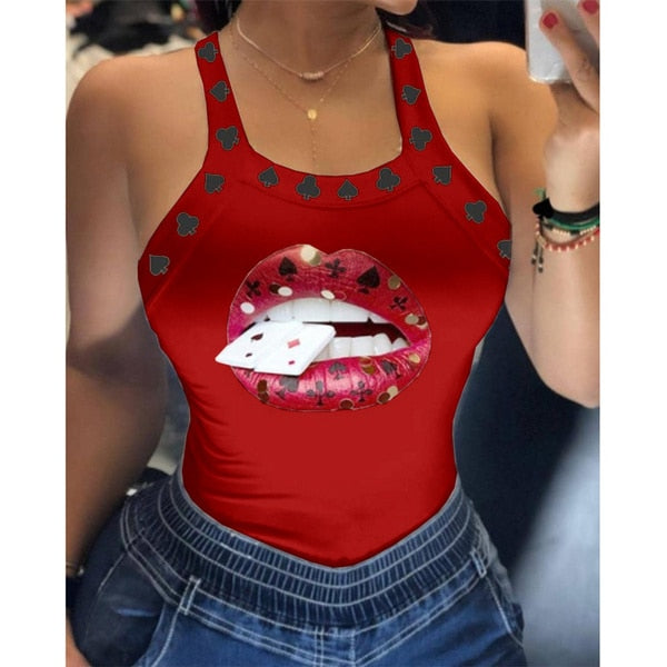 lovwvol Tank Tops Women U Neck Letter Print Lips Vest Summer Ladies Harajuku Shirts Slim Fit Polyester Sleeveless Top Tshirts