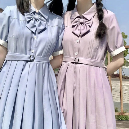 lovwvol Harajuku Sailor Collar Navy Dress Japanese Lolita Sweet Bow-knot Girl Retro Cotton Kawaii Preppy Style Short Sleeve Dress Women