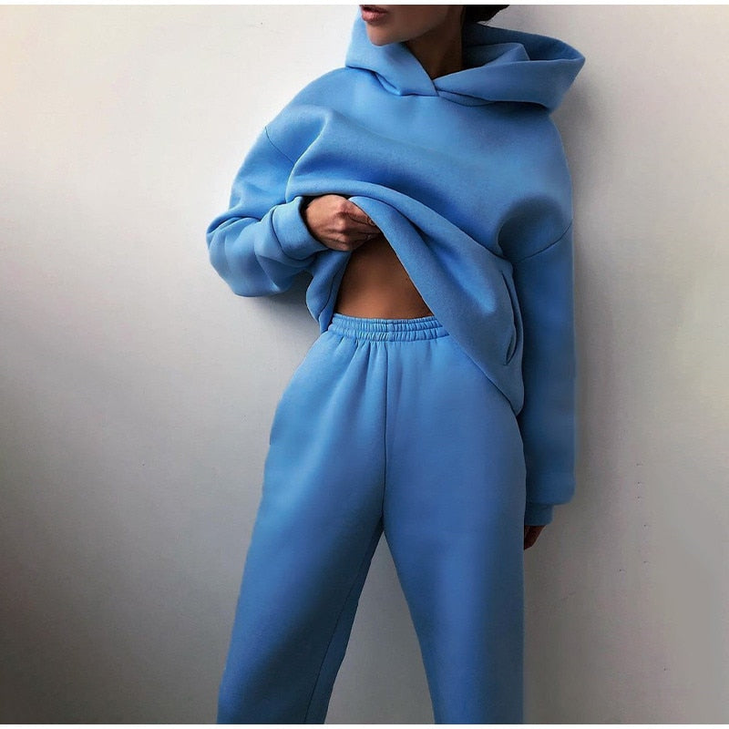 lovwvol New Tracksuit Women Elegant Solid Suits Fleece Warm Hoodies 2 Piece Set  Autumn Winter Fashion Oversized Sweatshirts Tracksuit