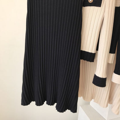 lovwvol High Quality  Spring Fall Knit 2 Piece Set Women Office Lady Single Breasted Sweater Cardigan + Pleated Long Skirt Suit Sets