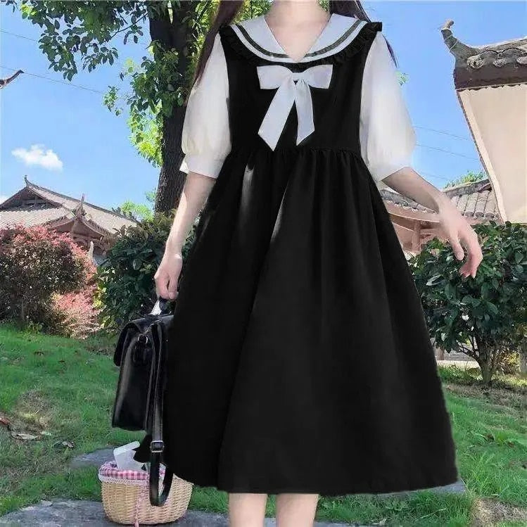 lovwvol Harajuku Sailor Collar Navy Dress Japanese Lolita Sweet Bow-knot Girl Retro Cotton Kawaii Preppy Style Short Sleeve Dress Women