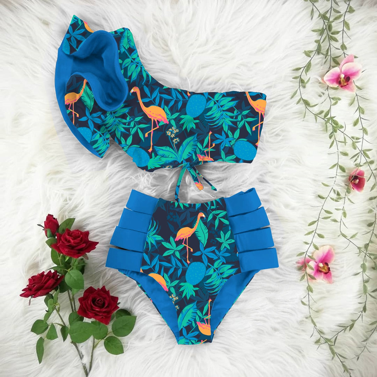 New Bikini Floral Ruffled Bikini Set Women V-neck High Waist Two Piece Swimsuit Girl Beach Bathing Suit Swimwear Biquinis