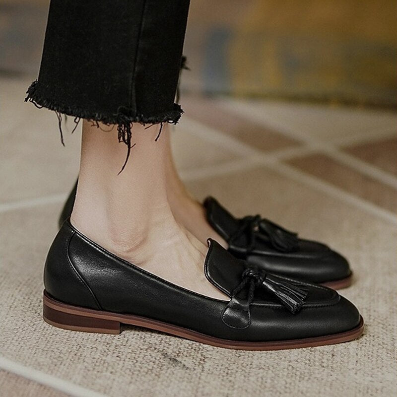 lovwvol Retro Tassel bow-knot small leather shoes women  loafers square toe low heels oxfords woman ins genuine leather fringe flats