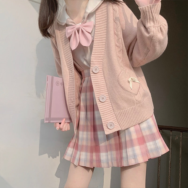 lovwvol Spring Japan Kawaii Fashion Pink Cardigan Women Vintage Crop Knitted Sweater Cute Bow Heart Korean JK School Coat