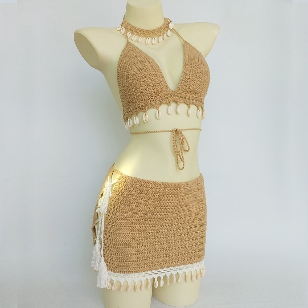 3pcs Bikini Set Woman Crochet Shell Tassel Bikini Top And Seashell Ankle Chain Sexy Beach Skirt Lace See Through Slim Mini Skirt