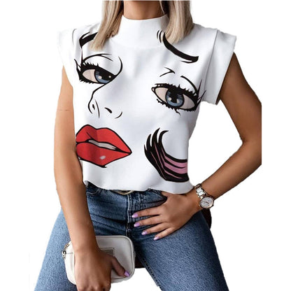 lovwvol Women Lips Printed T Shirt Ladies Casual Stand Neck Tee Tops Short Sleeve Streetwear Summer Floral Plus Size Pullover T-shirts