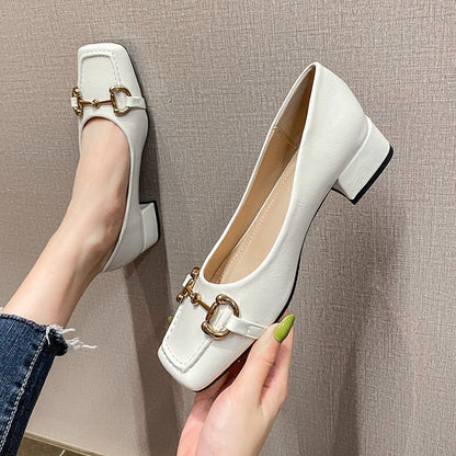 New Style Single Shoes Fashion Thick Heel Square Toe Metal Shallow Mouth Mary Jane Women's Shoes Large Size Women's Shoes