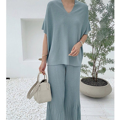 lovwvol Summer Korean Fashion Casual Knitted Two Piece Set Women Loose Pullover Sweater Tops + Wide Leg Pants Suits Knitwear 2 Piece Set