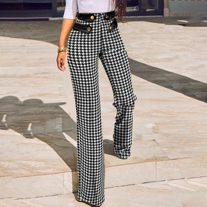 lovwvol Women Buttoned High Waist Wide Leg Tailored Pants Spring Casual Ladies Plaid Long Pencil Pants Elegant Trousers Overalls