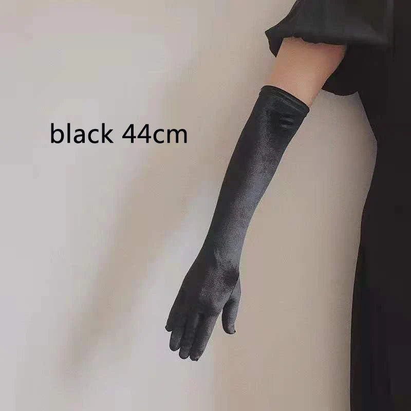 53CM Women Golden Velvet Long Autumn Winter Warm Black Evening Dress Etiquette Gloves Retro Style Banquet Accessories Elasticity