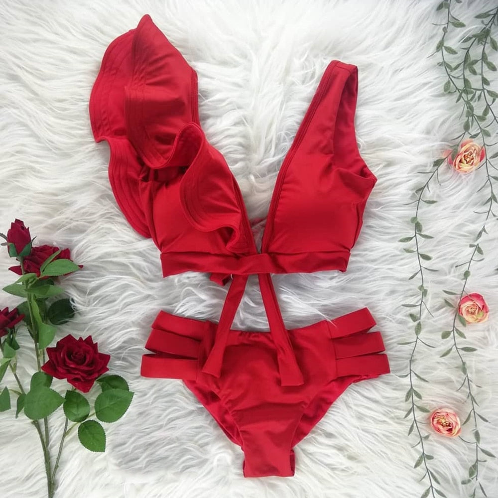 New Bikini Floral Ruffled Bikini Set Women V-neck High Waist Two Piece Swimsuit Girl Beach Bathing Suit Swimwear Biquinis