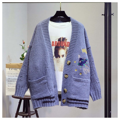 lovwvol AZYT Women Autumn Winter Knitted Cardigan Cartoon Embroidery Oversize Sweater Coat Harajuku Loose Elegant V Neck Women Cardigans