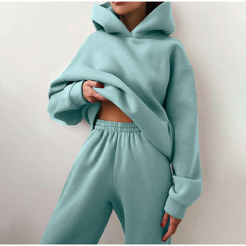 lovwvol New Tracksuit Women Elegant Solid Suits Fleece Warm Hoodies 2 Piece Set  Autumn Winter Fashion Oversized Sweatshirts Tracksuit