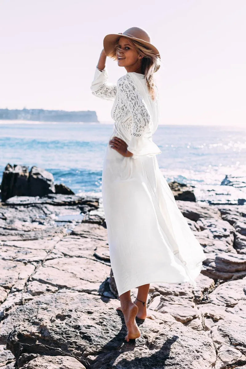 lovwvol long sleeve beach cover dresses vintage lace white summer dress sexy deep v neck long women dress boho Bohemia vestidos