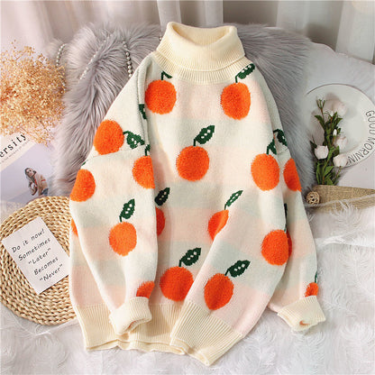 Autumn Winter Sweaters Pullover Cherry Pattern Long Sleeve Sweater Women Turtleneck Knitted Jumpers Sweater Mujer