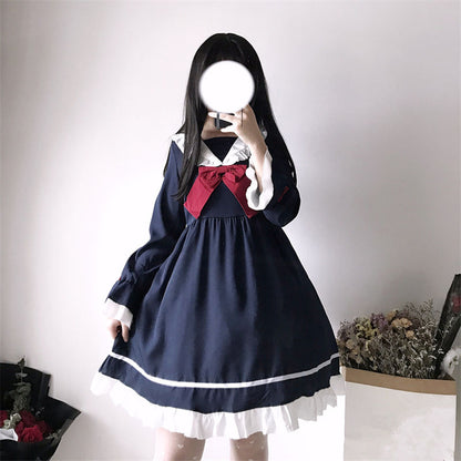 Alice In Wondeland Cute Women Lolita OP Dress Flouncing Lace Trim Japanese Harajuku Long Sleeves Doll Teen Dress Fairy Vestidos