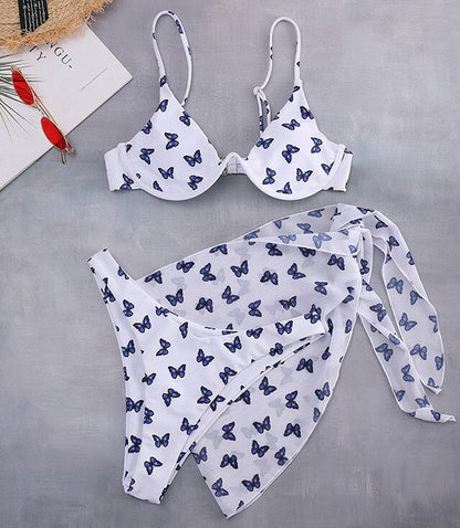 New Sexy Marble Print Push Up bikini Women Swimsuit Female Swimwear 3-piece Bikini set V-Bar Wired Short Skirt Bathing suit Swim