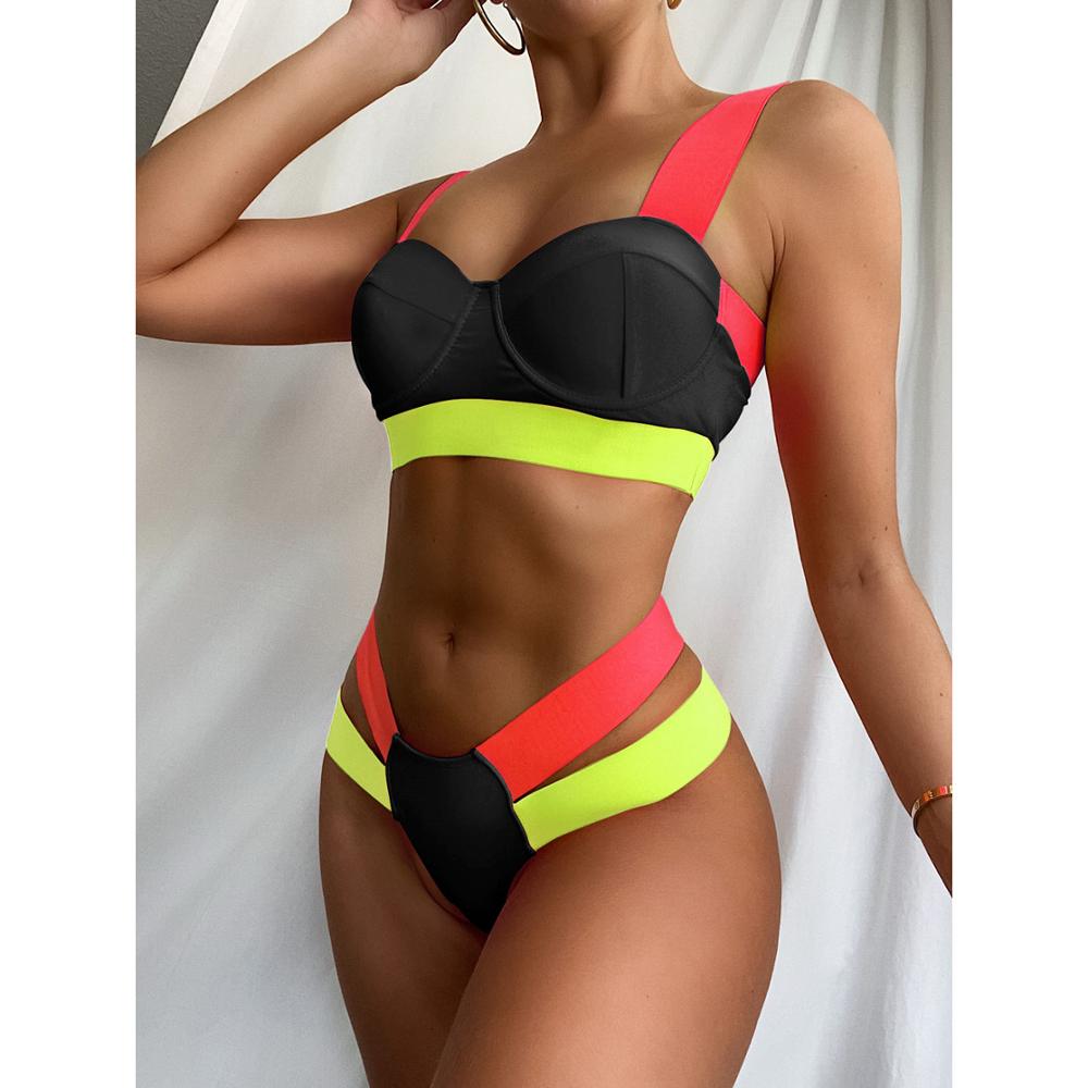 New Sexy Bikini Black Push Up Swimsuit Women Swimwear Splicing Bathing Suit Beach Swimming Suit