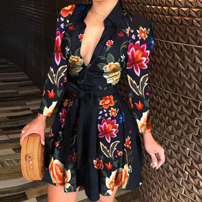 lovwvol Sexy Women Deep V-neck Shirt Dress Summer Sleeveless Chain Print Mid-calf Dresses Laides Lace Up Party Dresses Clubwear