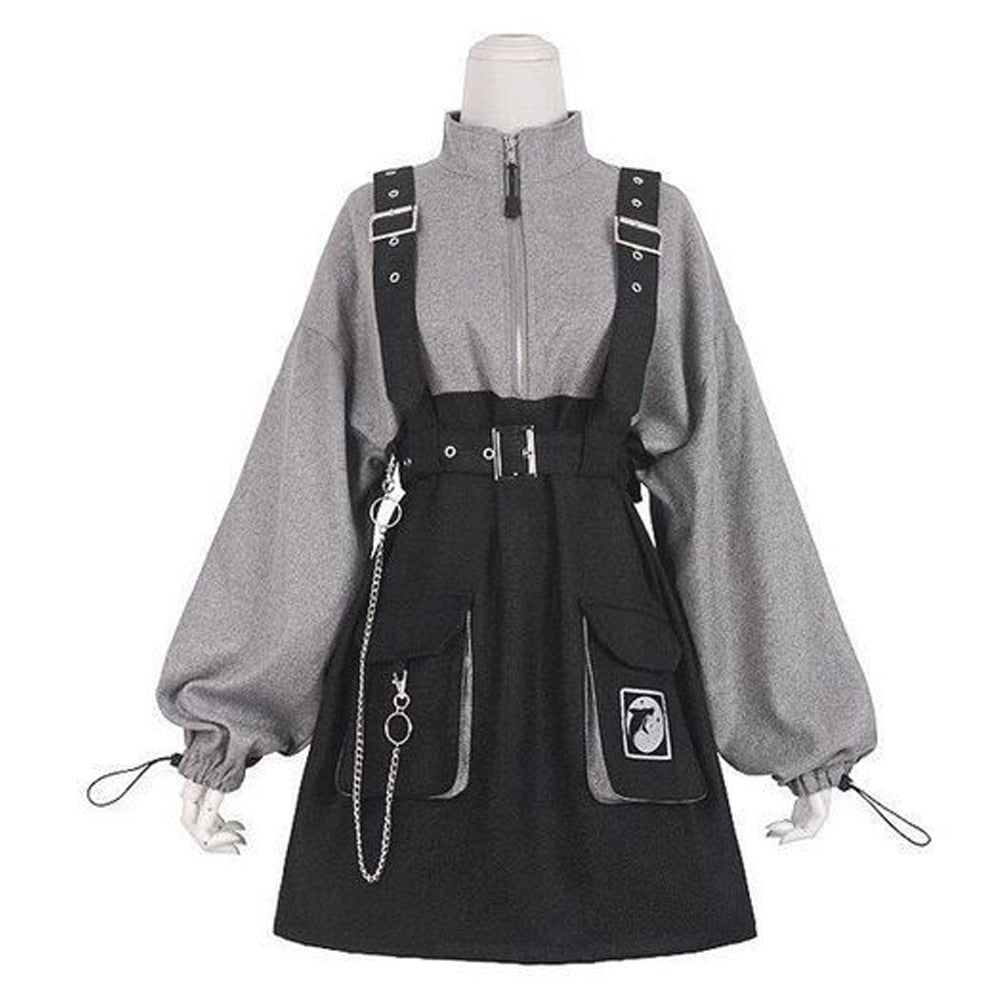 Retro Vintage Women Gothic Girls Punk Mini Dress High Waist Long Sleeve Hat Collar Sexy Gry Black Lolita Plus Size Jurken