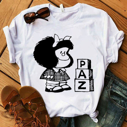 Mafalda T-shirt Women Summer Harajuku Casual Short Sleeve T-shirts Streetwear O-Neck White Tops Tee 90s Cartoon Tshirt Femme Top