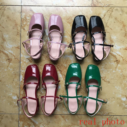 New Women Sandals Square Toe 3cm Block Heels Patent Leather Buckle Classic Vintage Big Size 34-43 Casual