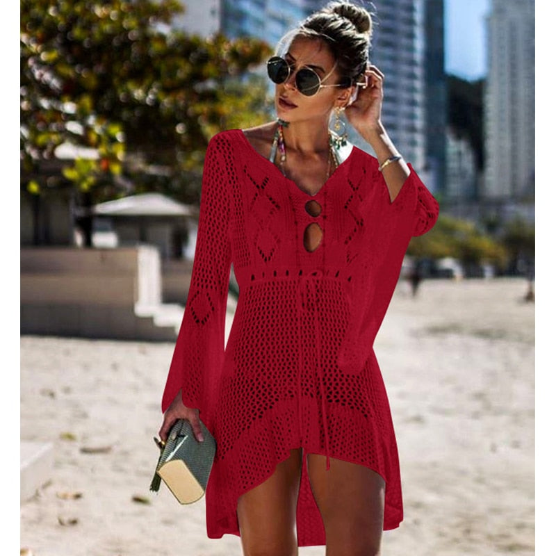 lovwvol New Knitted Beach Cover Up Women Bikini Swimsuit Cover Up Hollow Out Beach Dress Tassel Tunics Bathing Suits Cover-Ups Beachwear