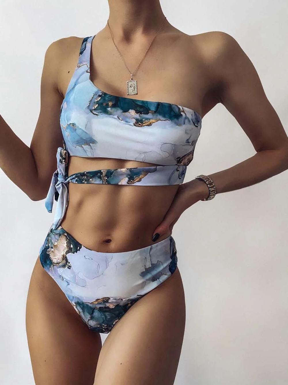 New Print Sport Bandeau Push up Bikinis Sexy Marble Women Swimsuit High Waist Swimwear Women bathing suit Beach wear