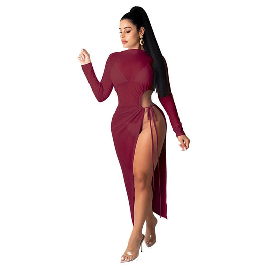 Summer Cover ups Women Female Solid color See-through Mesh Swimsuits Beach Swimwear Bathing Split Bandage Bikini Dress Cover up