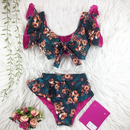 Two-Pieces Women Floral Push-Up Padded Bra Ruffles Bandage Bikini Set Swimsuit Swimwear Bathing Suit Beachwear Biquini