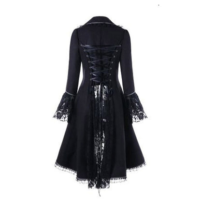 Women Gothic Overcoat Lace-Up Bandage Ribbon Bow lace up Winter Flocking Long Sleeve Halloween Black Vintage Gothic long Coat