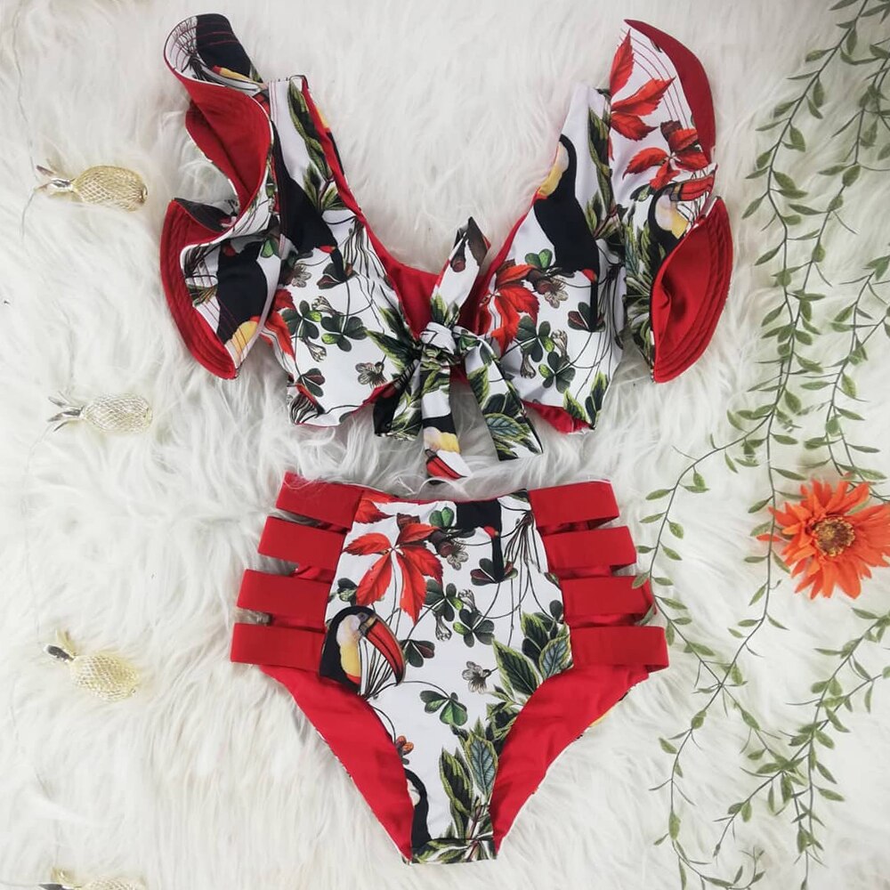 Two-Pieces Women Floral Push-Up Padded Bra Ruffles Bandage Bikini Set Swimsuit Swimwear Bathing Suit Beachwear Biquini