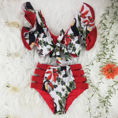 Two-Pieces Women Floral Push-Up Padded Bra Ruffles Bandage Bikini Set Swimsuit Swimwear Bathing Suit Beachwear Biquini