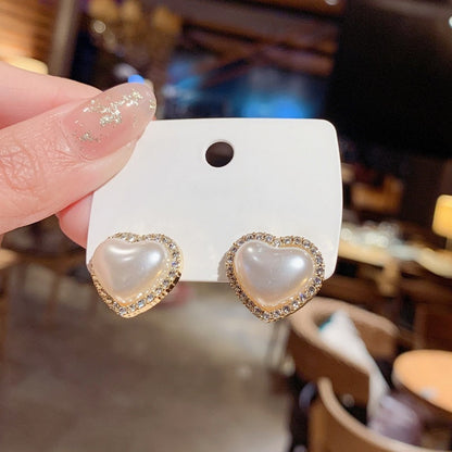 New Korean Style Contracted Heart Pearl Earrings For Women Sweet Flower Zircon Geometric Stud Earring Girl Party Jewelry