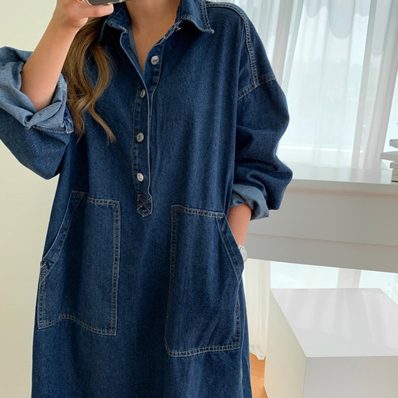 lovwvol  Women's Autumn Long Sleeve Denim Shirt Dress Za Button Pocket Jeans Maxi Vestidos Casual Loose Femme Streetwear Cowboy Midi Robe