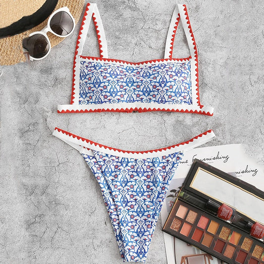 In-X Print bikini Bandeau swimsuit women Patchwork 2 pieces set High cut swimwear female Sports bathing suit biquini summer