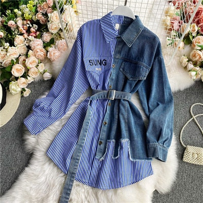 Women's Blouse Autumn Long Sleeve Shirt Tops Jeans Patchwork Plaid Blouses Elegantes Blusas para mujer Slim Shirt Dress