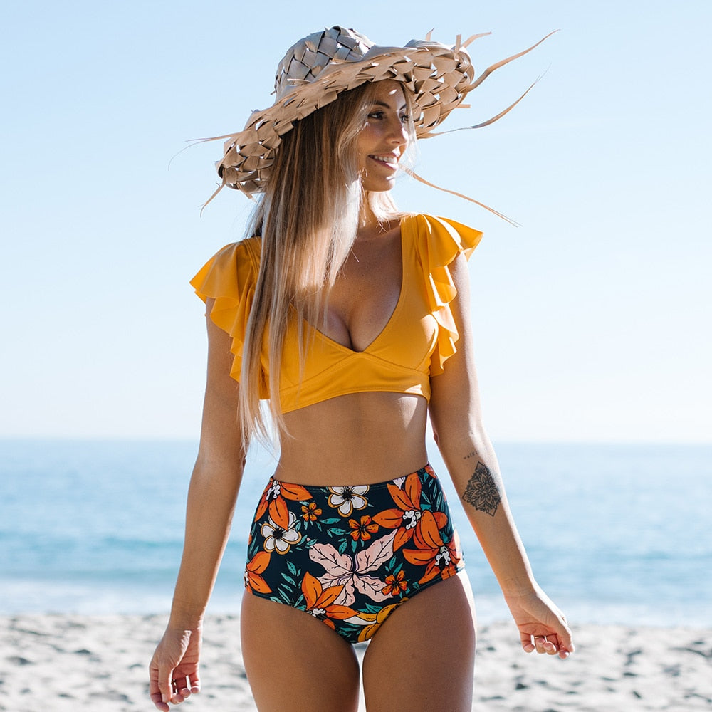 Floral Ruffled Hem Bikini Set Women Flora V-neck High-waisted Two Piece Swimsuit Girl Beach Bathing Suit Swimwear Biquinis