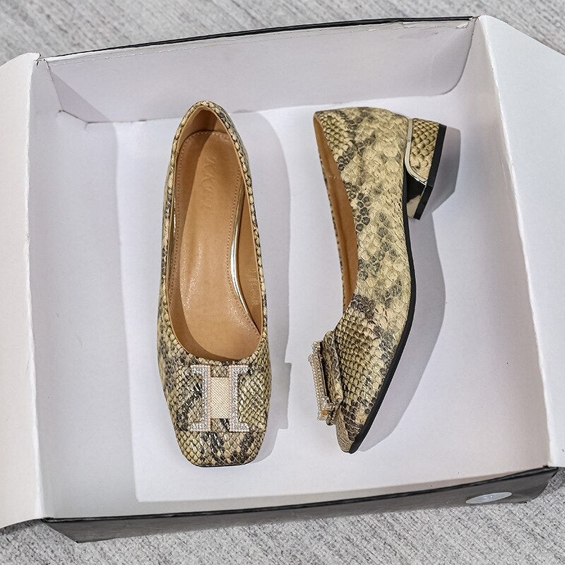 lovwvol New Spring Square Head Shallow Mouth Single Shoes Three-Dimensional Snake Pattern Leather Not Tired Feet 3cm Heel Shoes