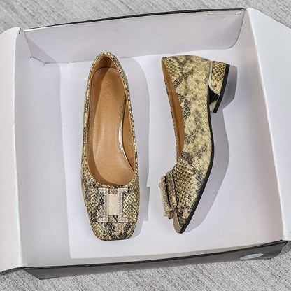 lovwvol New Spring Square Head Shallow Mouth Single Shoes Three-Dimensional Snake Pattern Leather Not Tired Feet 3cm Heel Shoes