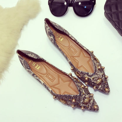 big rivets printing ballerina shoes woman shallow mouth glitter beading flats mixed color moccasins ladies OL shoes footwear