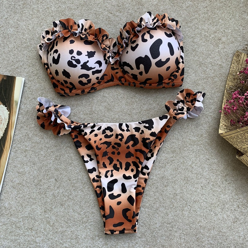 Animal Print Leopard Bikini Push Up Swimsuit Sexy Women Bikini Set Brazilian Thong Bathing Suit Bandeau Beach Wear Swimwear